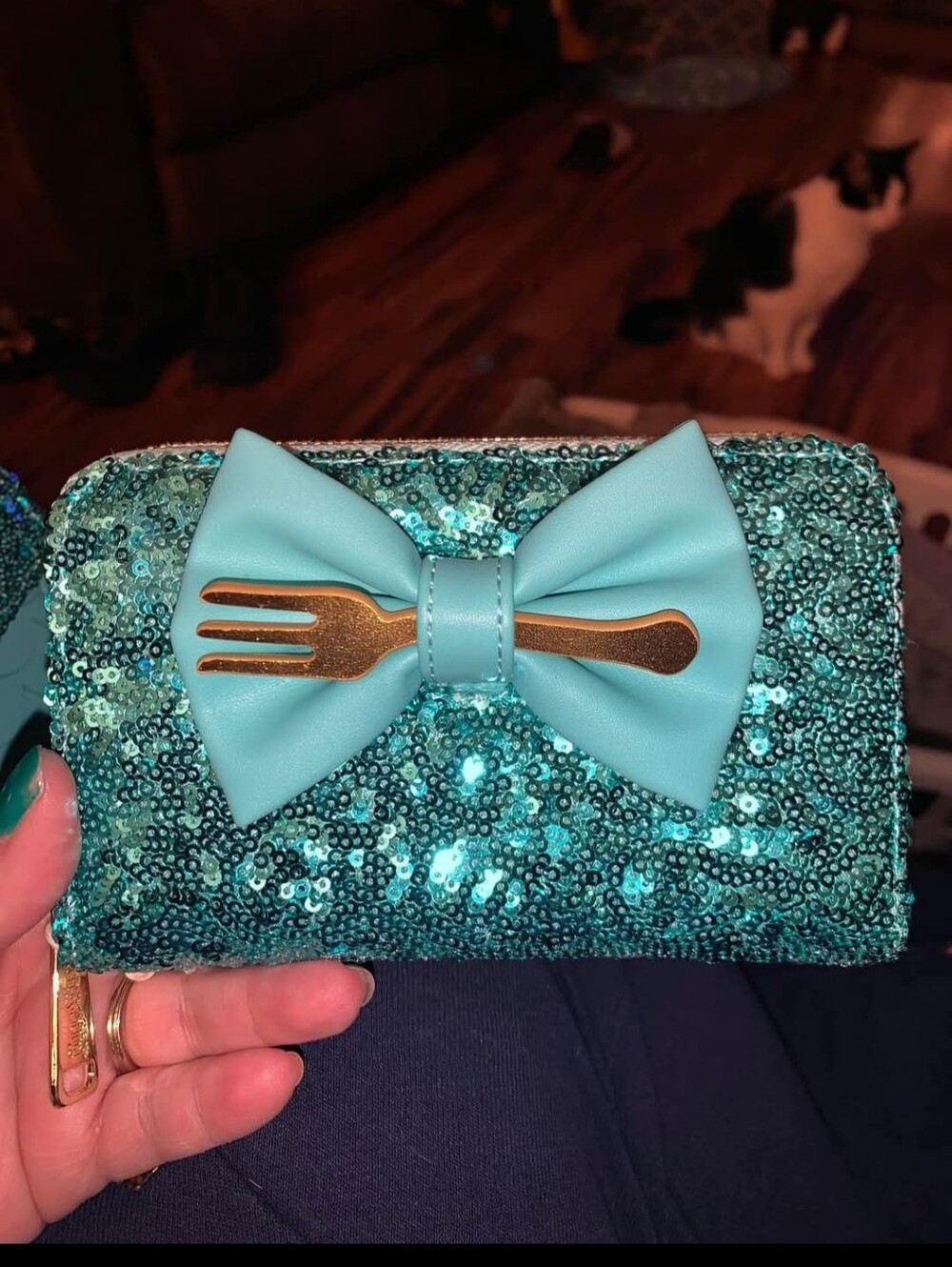 Loungefly Ariel Sequin Bow Clutch Wallet with Gold Fork Accent